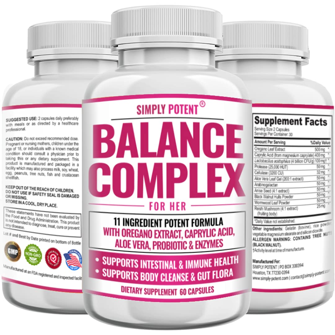 Simply Potent Balance Complex for Women – 11-in-1 Formula with Oregano Extract, Caprylic Acid, Probiotics & Digestive Enzymes, 60 Capsules