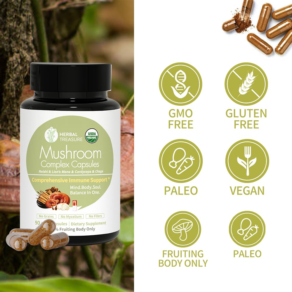 WL Herbal Treasure 4 in 1 Mushroom Complex Adaptogens with Lion's Mane, Reishi, Chaga & Cordyceps Capsule 90 Count