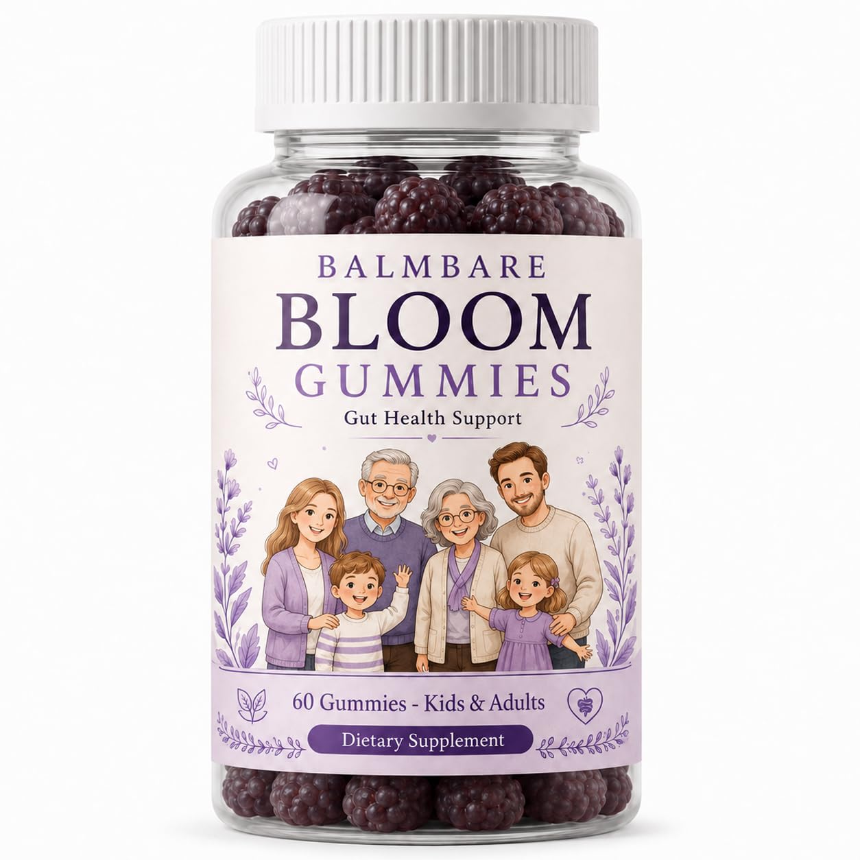 GBQMGS BALMBARE Bloom Gummies with Elderberry & Probiotics, Promote Gut Acid-Base Balance, Support Gut Health, Berry Flavor, Non-GMO, Gluten Free 60 Gummies