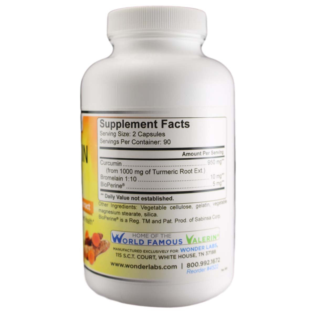 Wonder Laboratories Curcumin 950 mg with BioPerine for Heart and Joint Health, 180 Capsules