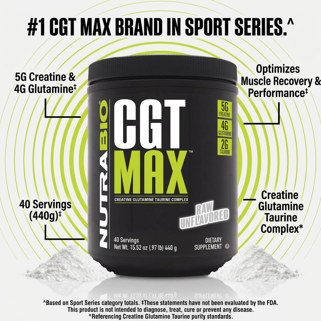 NutraBio CGT-MAX Creatine, Glutamine and Taurine Powder 15.52 Ounce