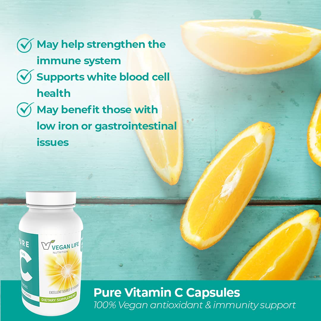 Vegan Life Nutrition Pure Vitamin C Supplement Capsule Gluten-Free, Non-GMO Immune Support and White Blood Cell Health 120 Capsules