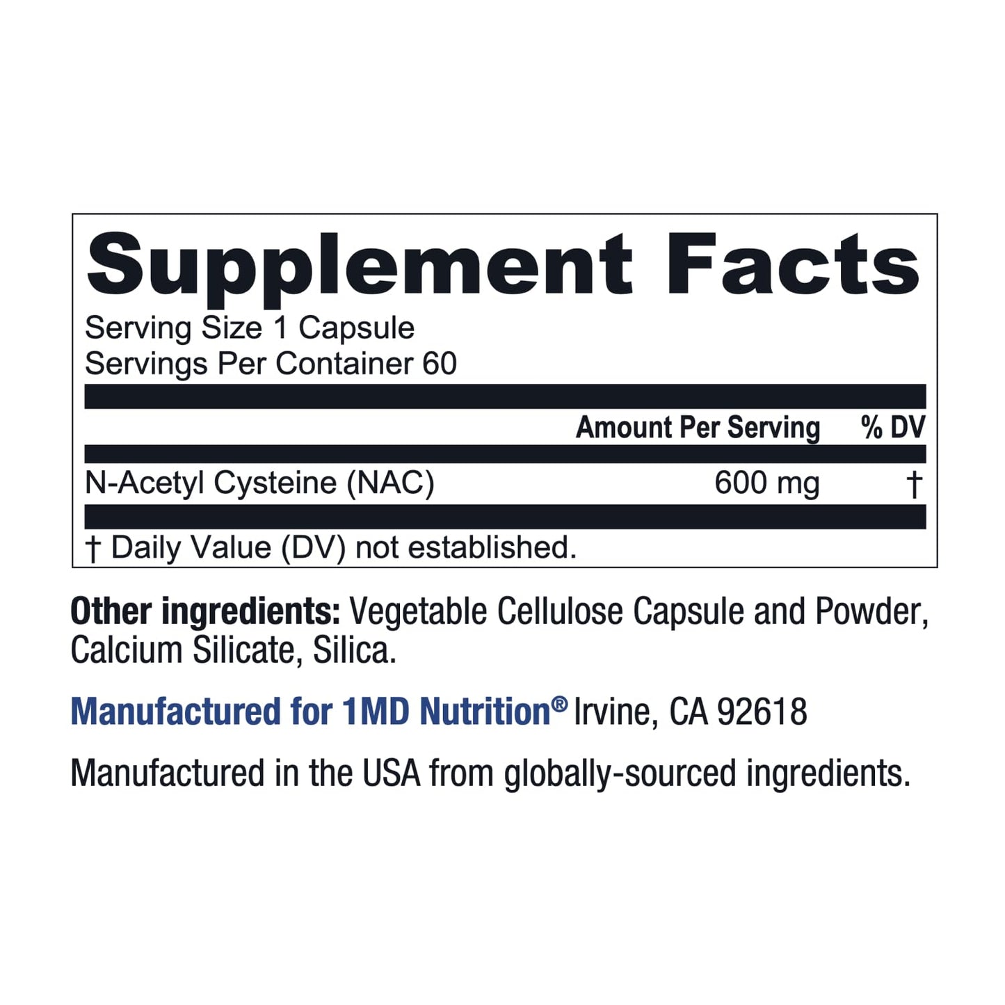 1MD Nutrition NAC 600 mg Capsule, 60 Count
