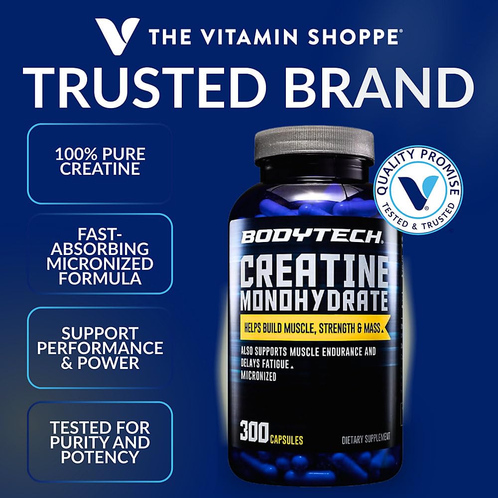 BodyTech Creatine Monohydrate Capsules 2250 mg per Serving, 300 Capsules