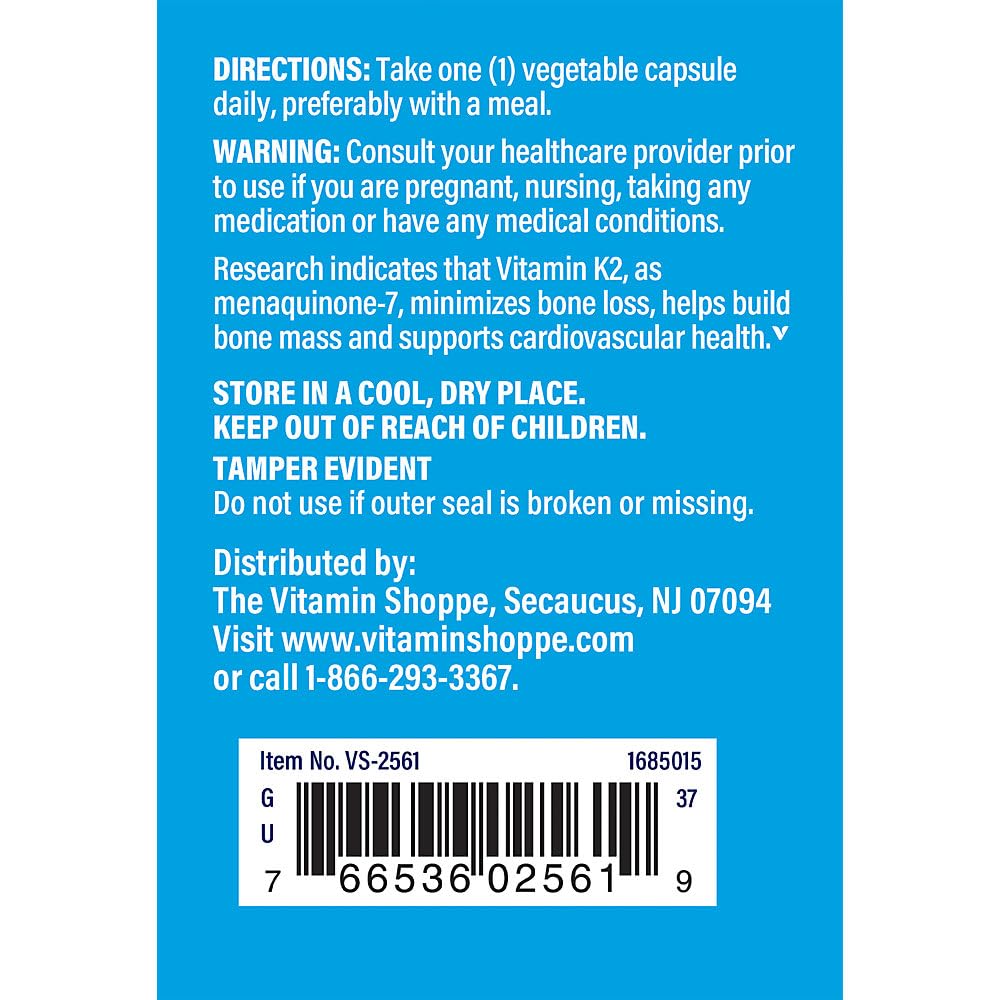 The Vitamin Shoppe Vitamin K2 MK-7 100 MCG Menaquinone-7 Vegetarian Capsules 60 Capsules