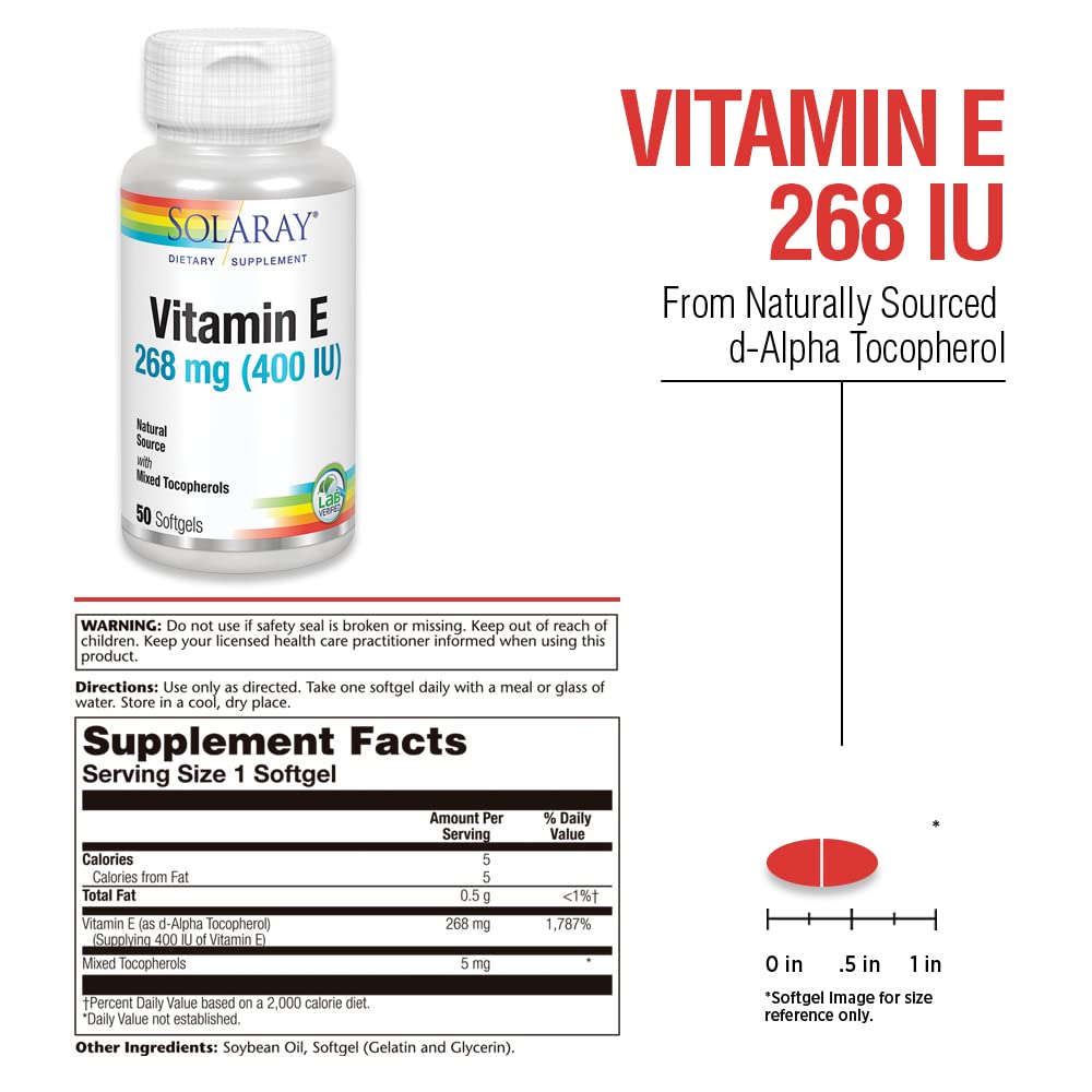 SOLARAY Vitamin E d-Alpha Tocopherol 268 mg (400 IU) Softgels, 50 Count