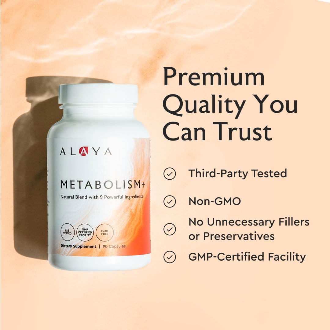 Alaya Naturals Metabolism+ Natural Energy with Green Tea, Cinnamon, Beet Root, Caffeine, Non-GMO, 90 Capsules