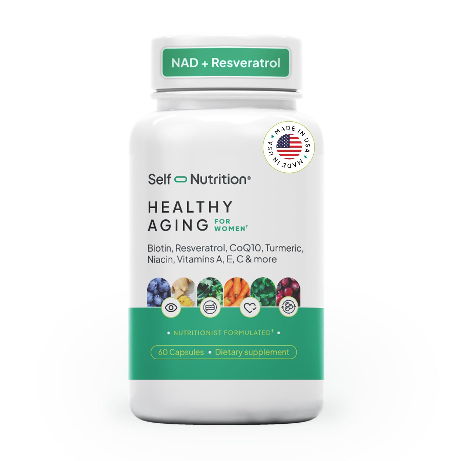SELF NUTRITION NAD+ Resveratrol Supplement for Women – Healthy Aging Formula with CoQ10, Biotin, Turmeric & Vitamins A, C, E – Capsule, 60 Count