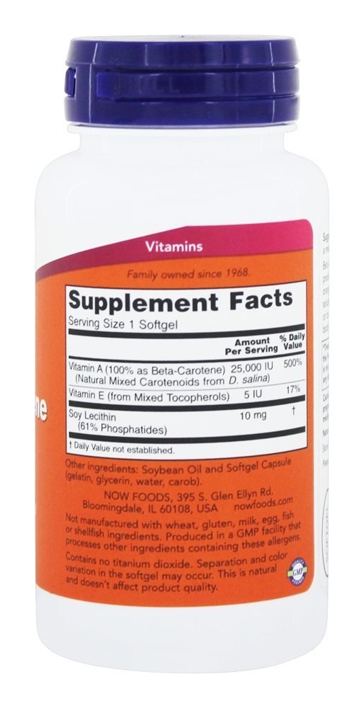 NOW Foods Beta Carotene (Natural) D. Salina with Mixed Carotenoids 25000 IU Softgels, 90 Count