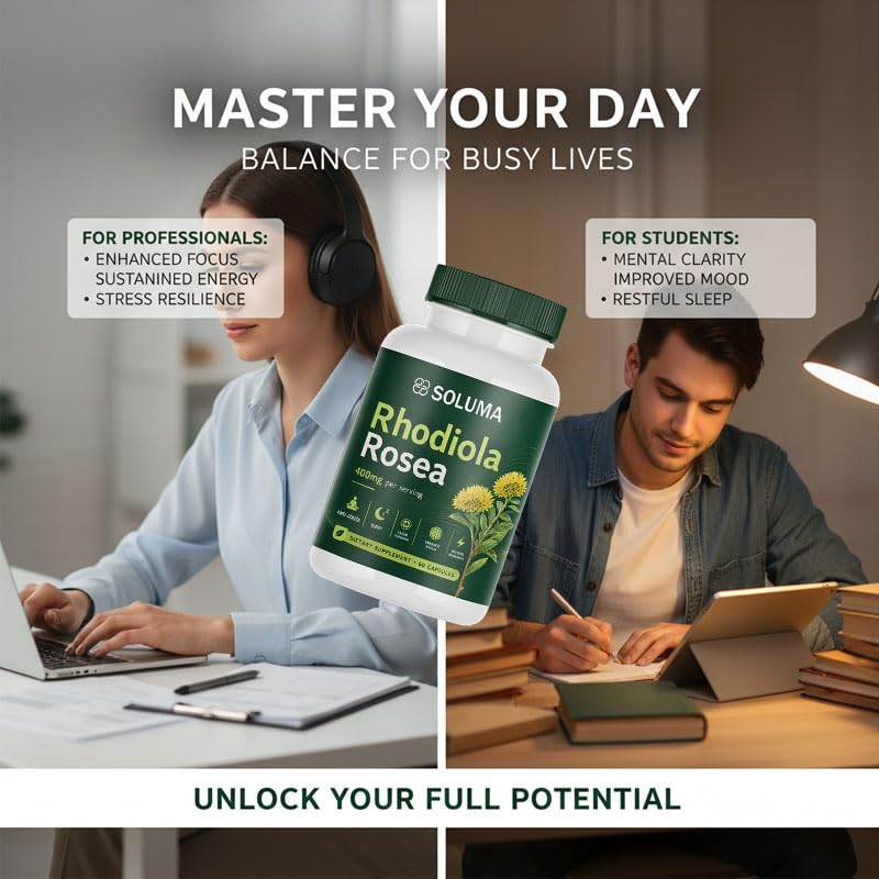 Soluma Rhodiola Rosea Organic Natural Adaptogen Supplement with Bioperine Energy, Stress and Mental Focus Support Capsule 1