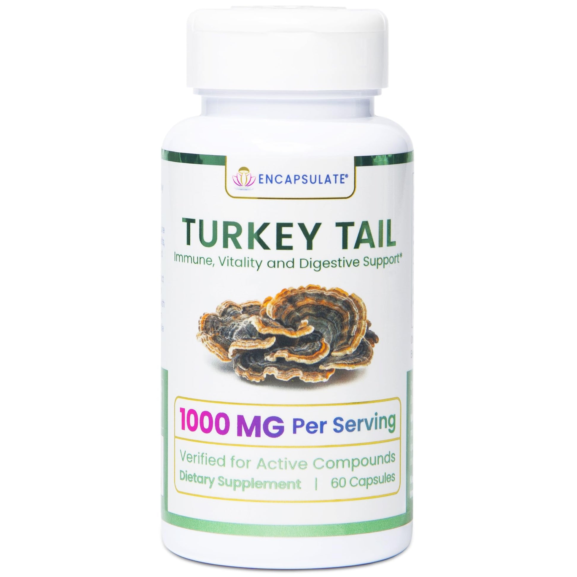 ENCAPSULATE Turkey Tail Capsules 1000mg – Premium Organic Fruiting Body 1:1 Extract – Adaptogen Mushroom Supplement for Digestive, Gut & Immune Support – Lab Tested & Max Bioavailability – 60 Capsules
