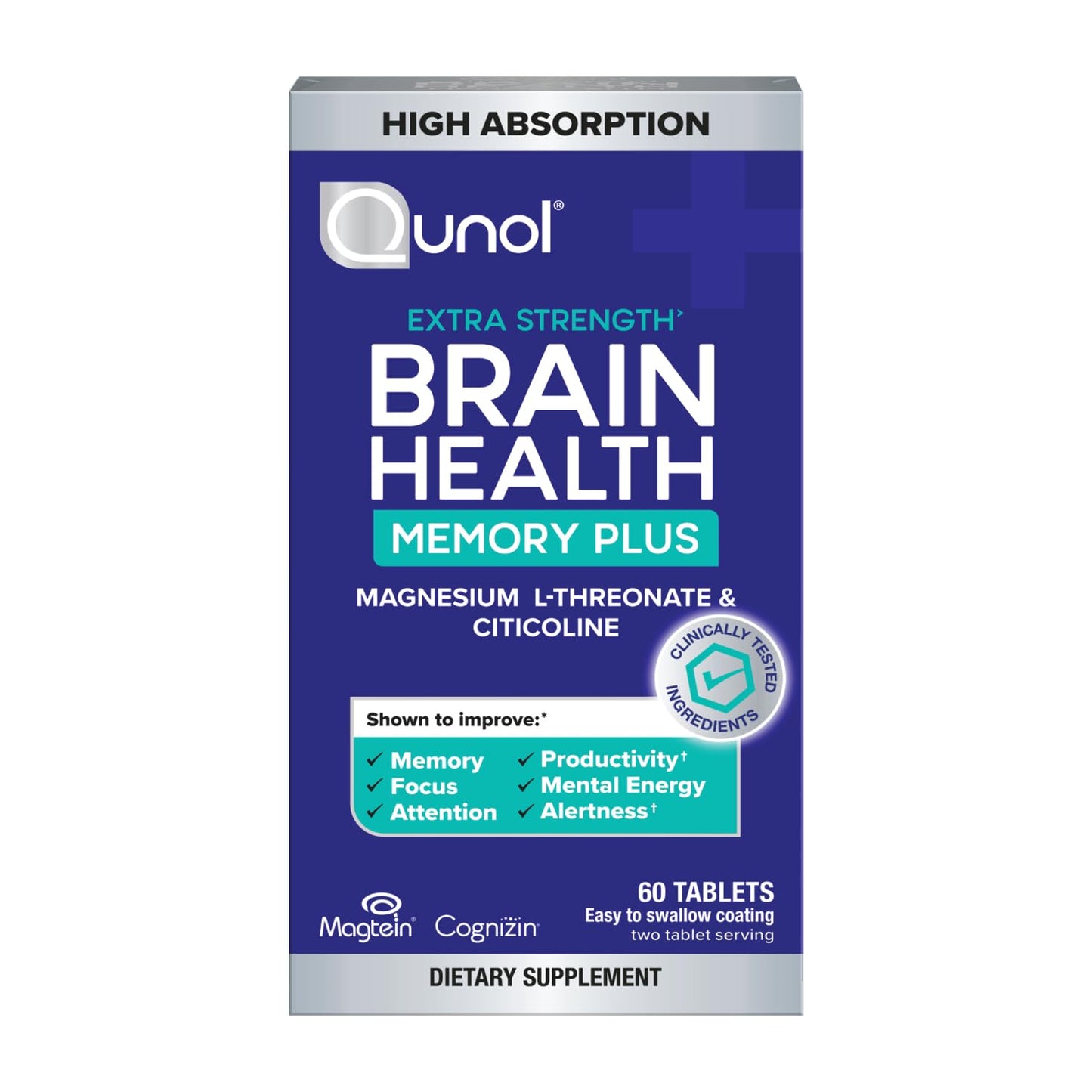 Qunol Brain Health Memory Plus Magnesium L-Threonate & Citicoline Tablets, 60 Count