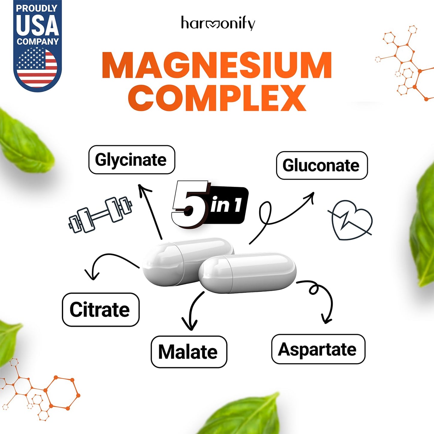 HARMONIFY Magnesium Glycinate Citrate Malate Aspartate Gluconate 5 in 1 Formula Capsule, 120 Count