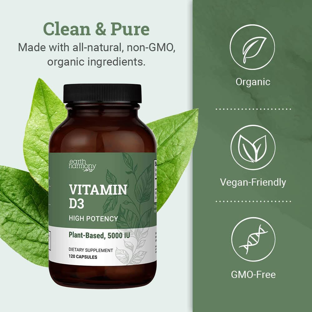 Earth Harmony Naturals Vegan Vitamin D3 5000 IU Capsules, 120 Count