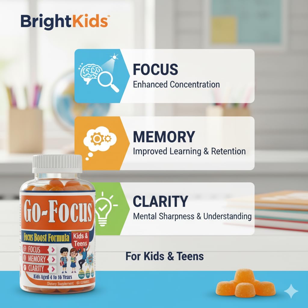 BrightKids Brain Supplements for Memory and Focus for Kids & Teens, Omega-3 & DHA Gummies, 60 Gummies