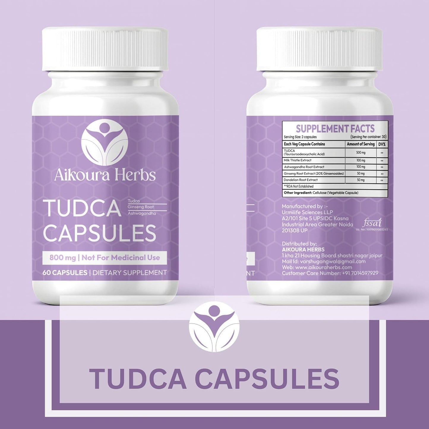 AIKOURA HERBS TUDCA 800mg Liver & Gallbladder Support Supplement Capsules, 60 Vegan Capsules