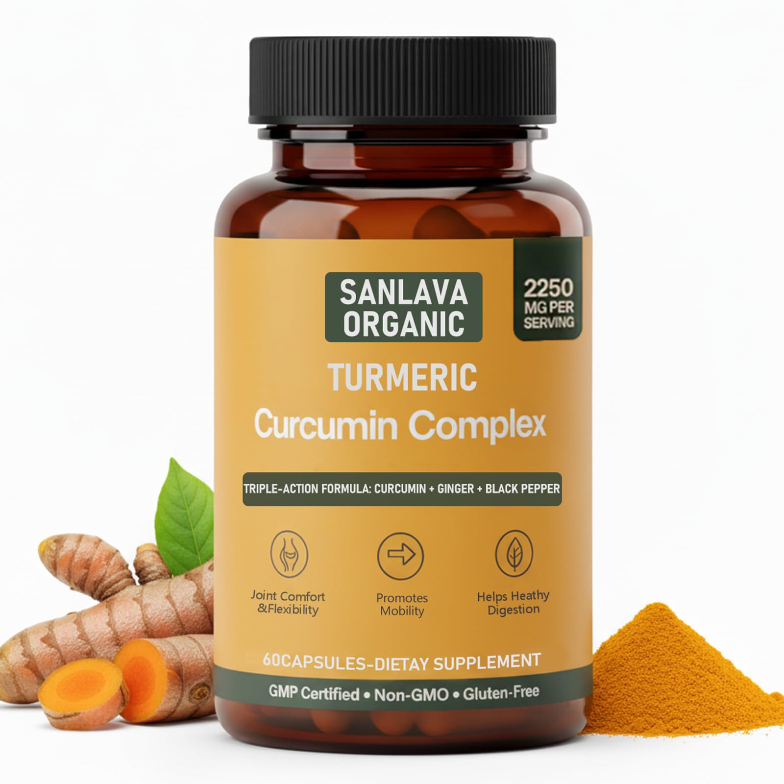 Sanlava Organic Turmeric 3 in 1, Curcumin Ginger Black Pepper, 60 Capsules