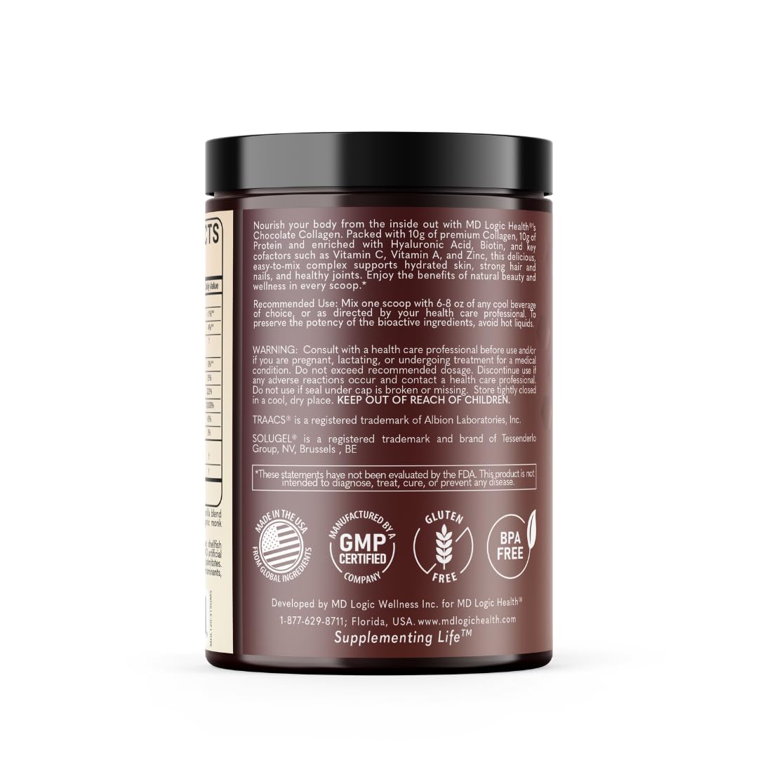 MD Logic Health Chocolate Collagen with Vitamin A, C, Zinc, Biotin & Hyaluronic Acid for Healthy Skin, Hair, Nails, Joints Powder 11.11 oz
