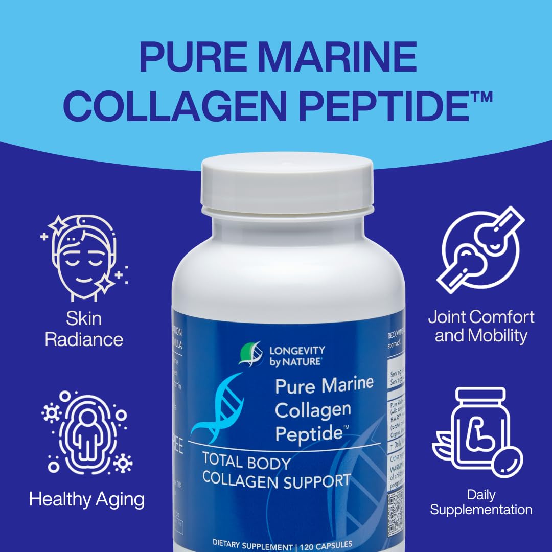 Longevity by Nature Marine Collagen Peptides Type I & III Skin, Hair & Nail Support, 120 Capsules