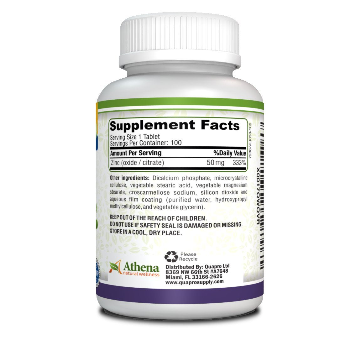 Athena Natural Wellness Zinc Supplement Tablets 50mg, 100 Count
