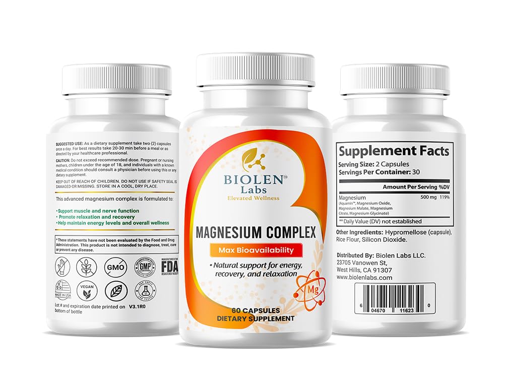 Biolen Labs Elevated Wellness Magnesium Complex Max Bioavailability Formula for Energy, Recovery, Relaxation, 60 Capsules