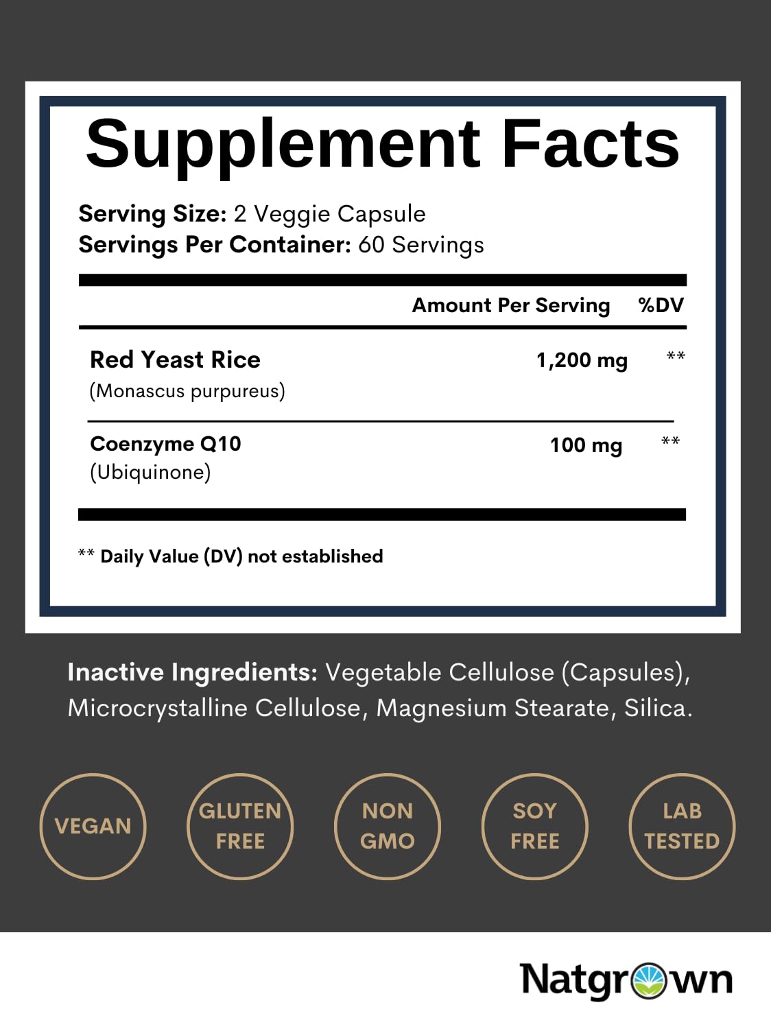 Natgrown Red Yeast Rice with CoQ10-1200 mg & CoQ10 100 mg, 120 Capsules