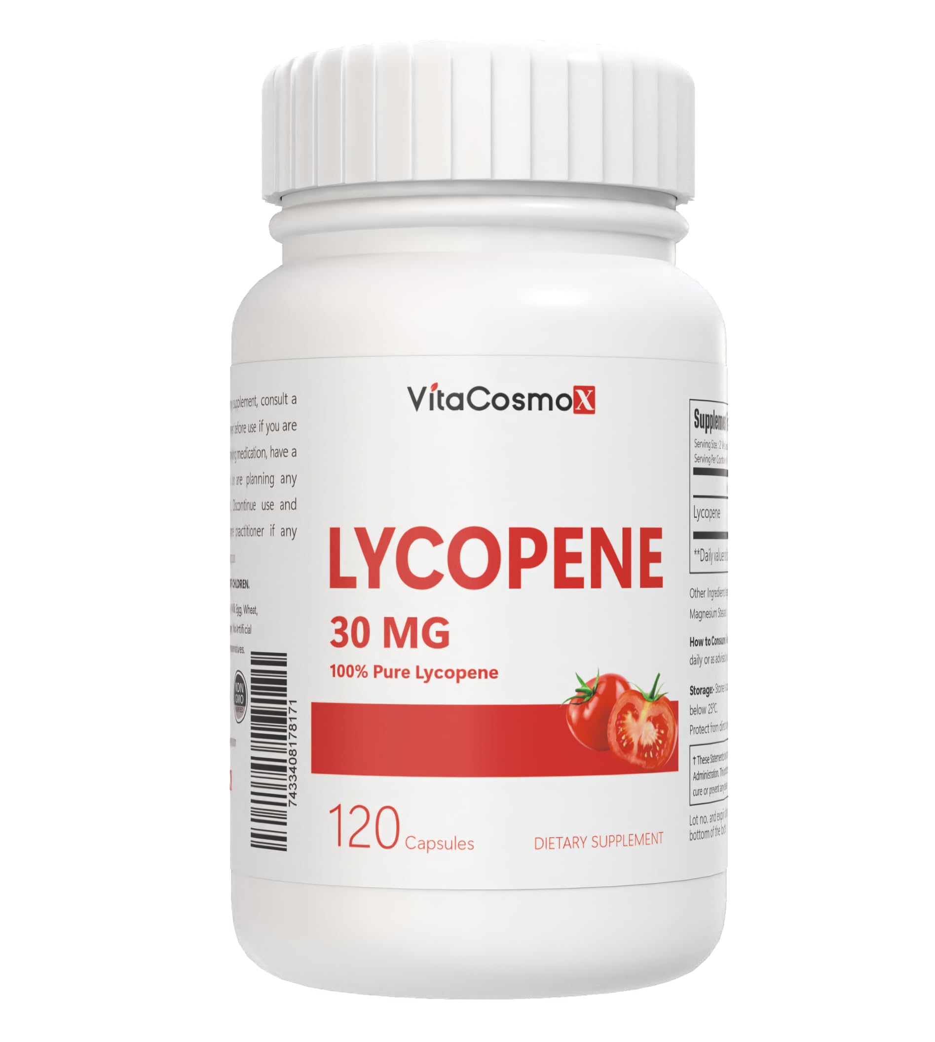 VitaCosmoX Lycopene Supplement 30mg Capsules, 120 Count