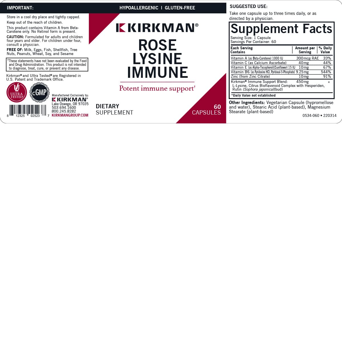 Kirkman Rose Lysine Immune Capsules, 60 Count