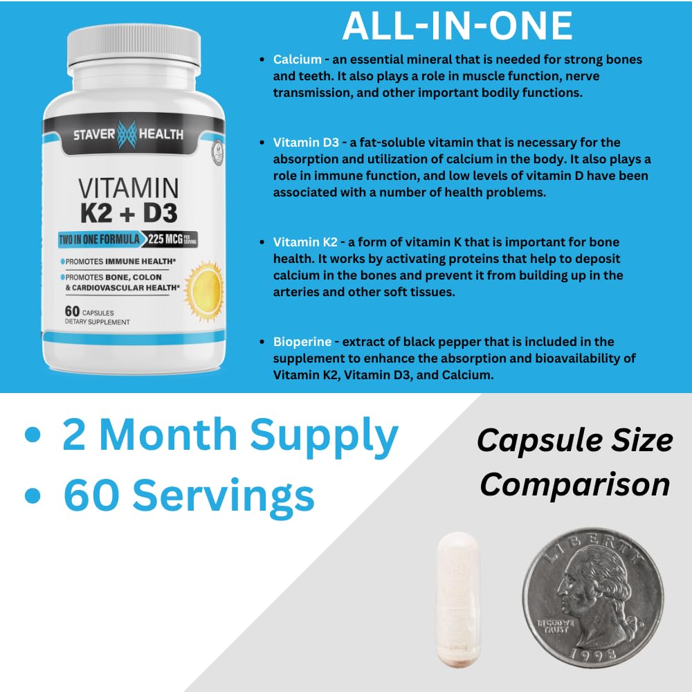 Staver Health Vitamin K2 D3 with Calcium & Bioperine MK-7 Capsule, 60 Count