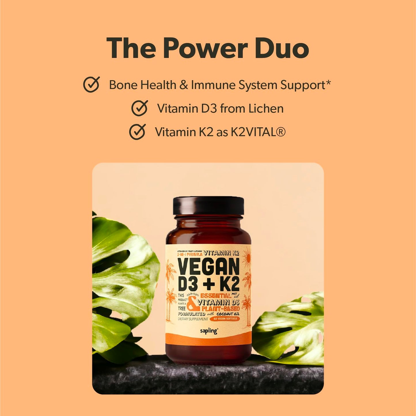 Sapling Vegan Vitamin D3 + K2 Supplement with MCT Oil from Coconut, 4000 IU Vitamin D and 100 mcg Vitamin K2 as MK-7, Softgels, 60 Count