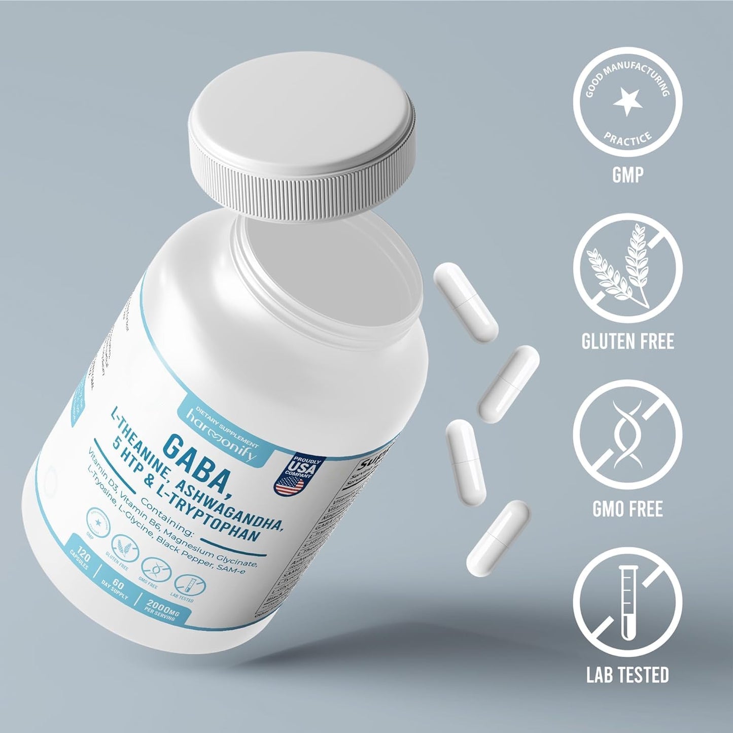 HARMONIFY GABA L-Theanine with Magnesium Glycinate, Ashwagandha, Same, 5-HTP & L-Tryptophan, 12-in-1 Capsule, 60 Count
