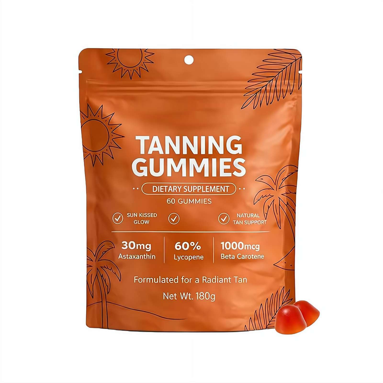 Prndkhn Skin Tanning Gummies with Vitamin C & E, Astaxanthin, Beta Carotene, Skin Radiance & Hydration for Natural Looking Glow, Vegan & Sugar Free, Bronzing, 60 Count