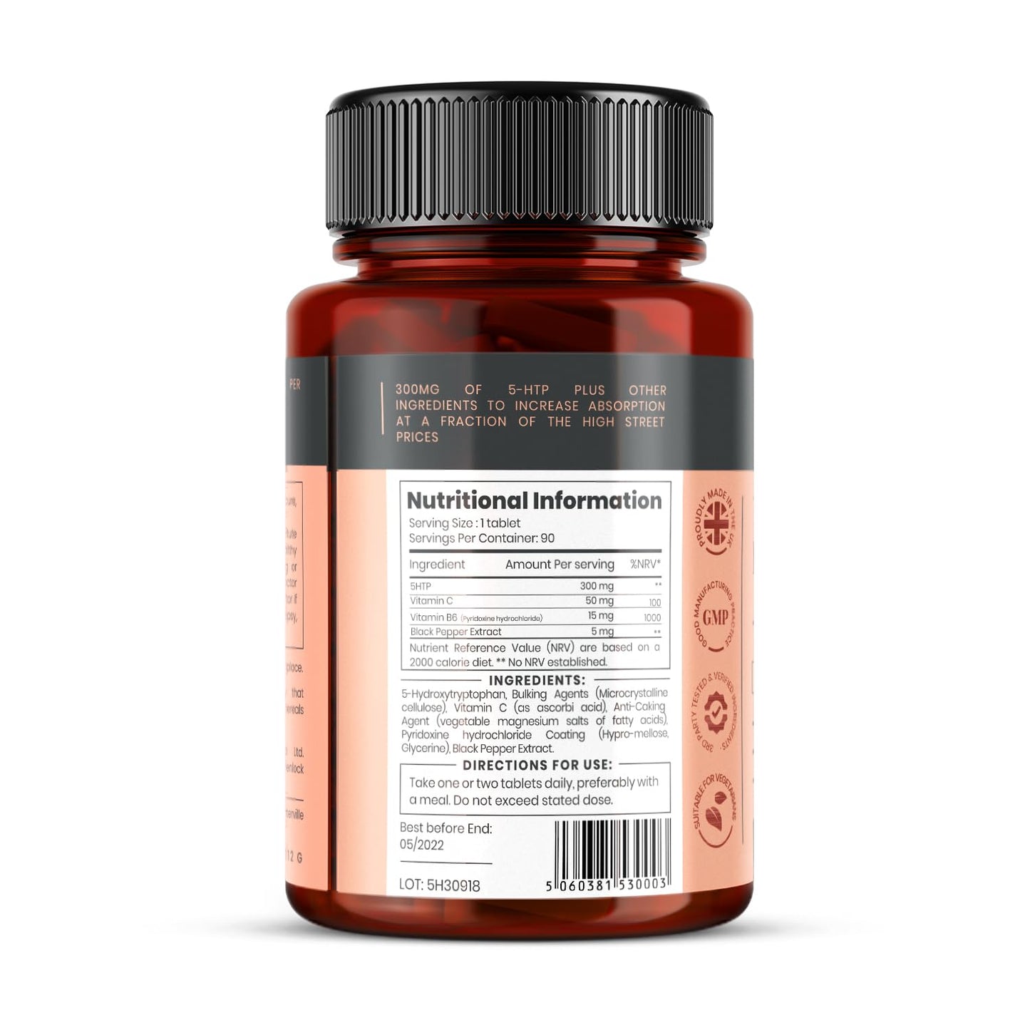PureClinica High Strength 5-HTP 300mg Tablets, 180 Tablets, with Vitamin C, B6, and Black Pepper Extract