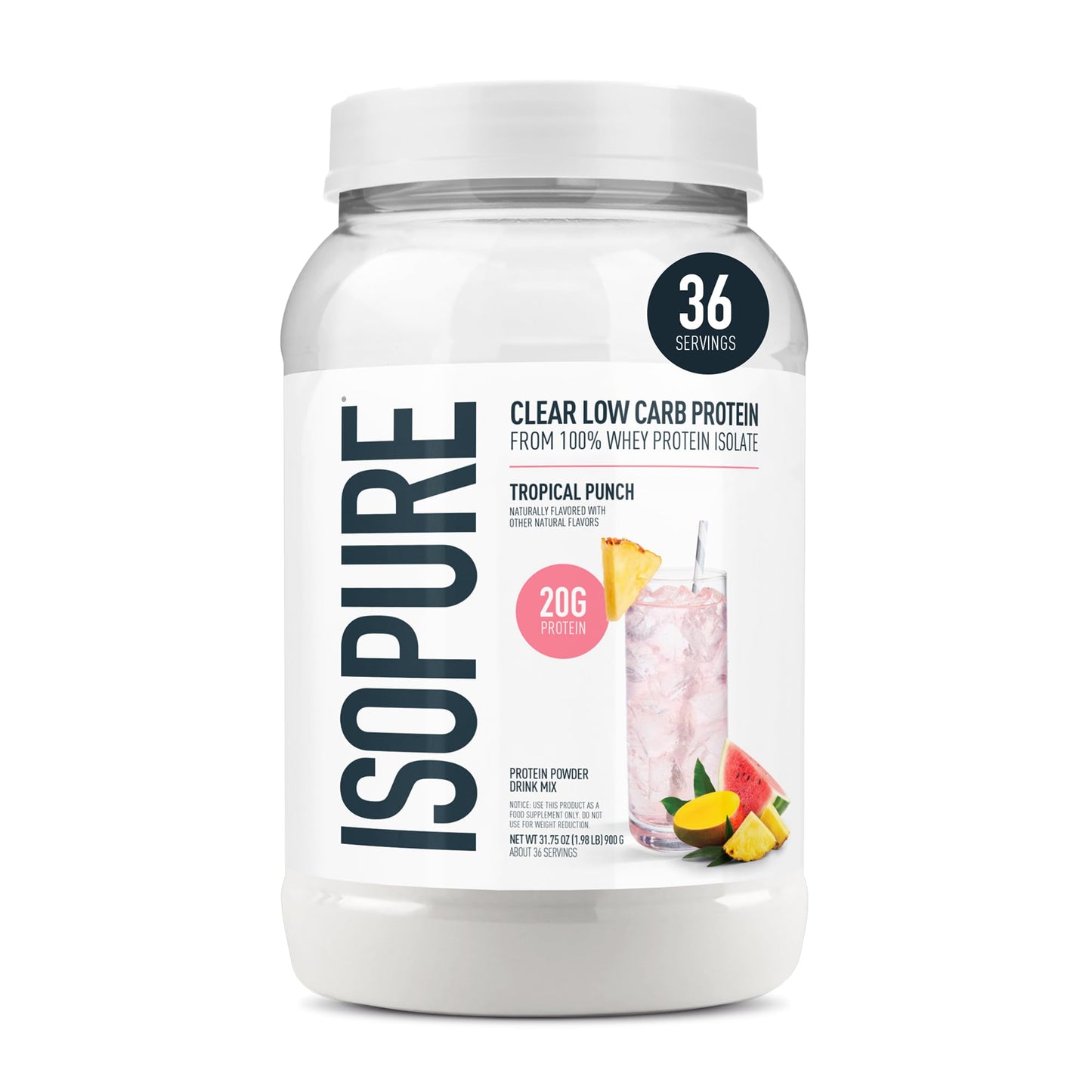 Isopure Clear Whey Isolate Protein Powder, 36 Servings, Tropical Punch, Lactose Free, Gluten Free, Naturally Flavored