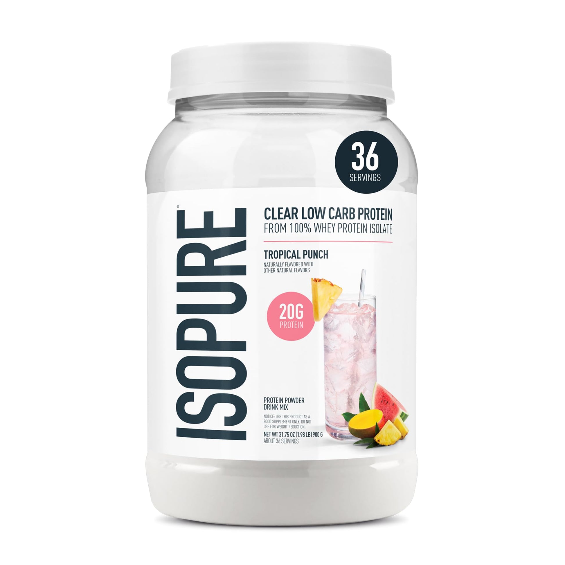 Isopure Clear Whey Isolate Protein Powder, 36 Servings, Tropical Punch, Lactose Free, Gluten Free, Naturally Flavored