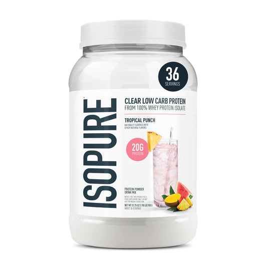 Isopure Clear Whey Isolate Protein Powder, 36 Servings, Tropical Punch, Lactose Free, Gluten Free, Naturally Flavored