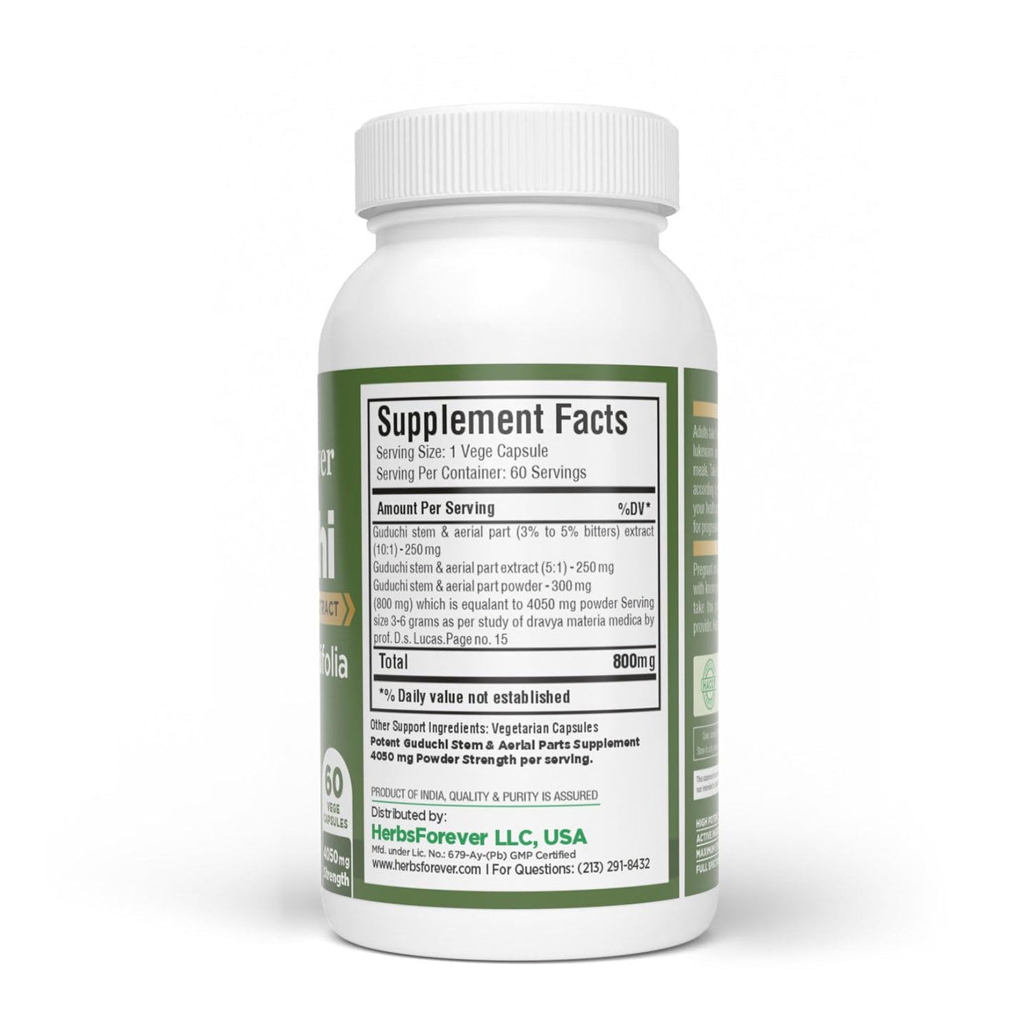 Herbsforever Guduchi (Tinospora cordifolia) Extra Strength 10:1 Extract, 800mg per Serving, 90 Capsules