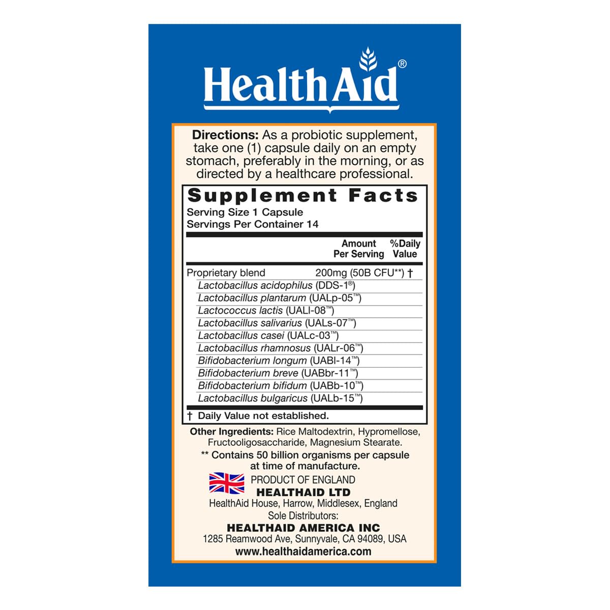 HealthAid ImmuProbio Once-Daily 50 Billion CFU Probiotic with Prebiotic Fiber (FOS), 30 Strains Including DDS-1, Acid & Bile Resistant, Vegan, Room-Temperature Stable, 14 Capsules