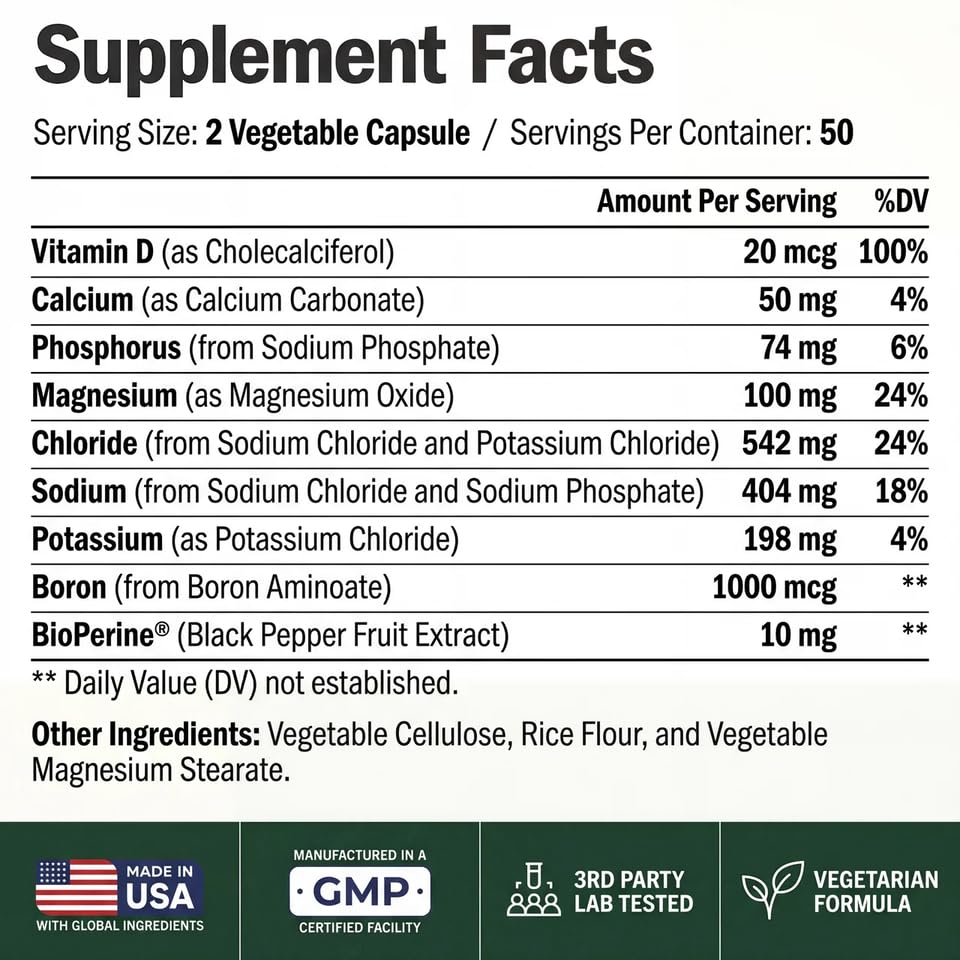 Vimerson Health Electrolyte Capsules with Sodium Potassium Magnesium Calcium – Hydration Support with Vitamin D & BioPerine for Absorption – Flavorless – 100 Vegetable Capsules