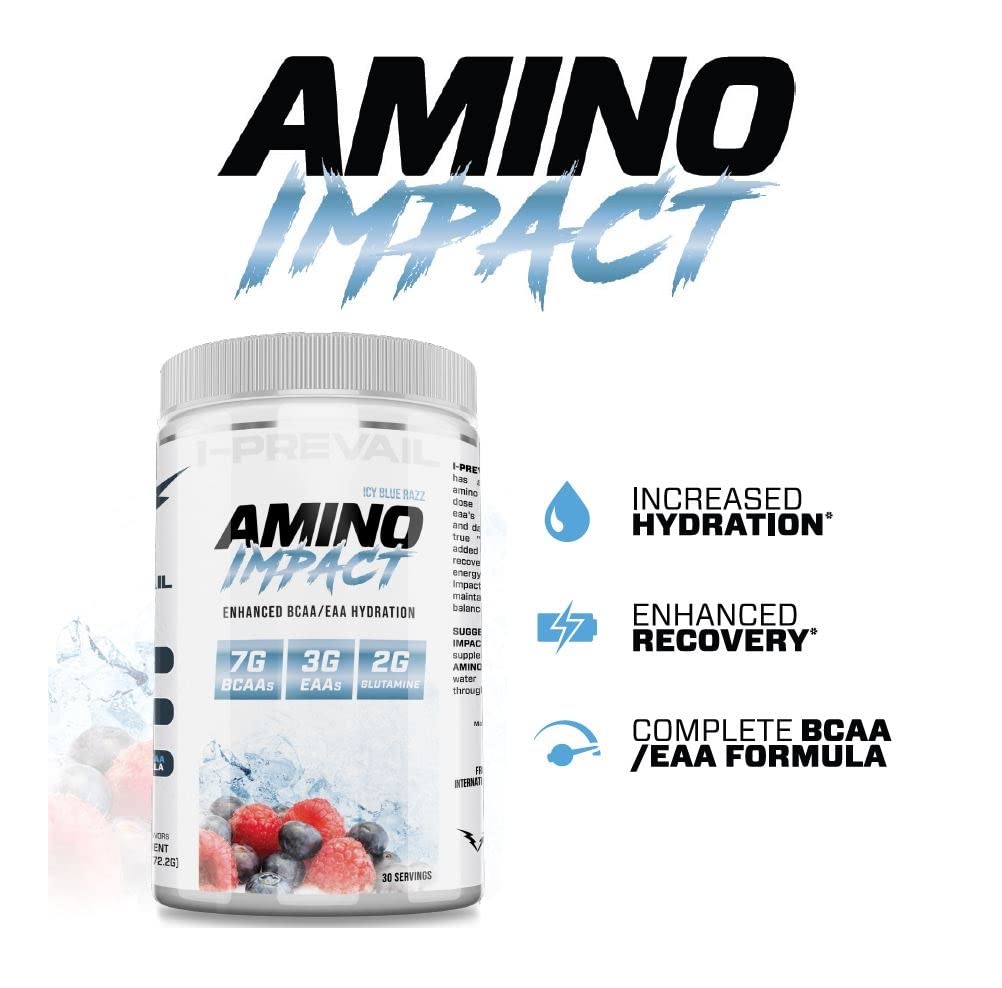I-Prevail Supplements Amino Impact BCAA – EAA Enhanced Hydration Recovery & Endurance Keto Friendly Formula, Powder, 16.79 oz