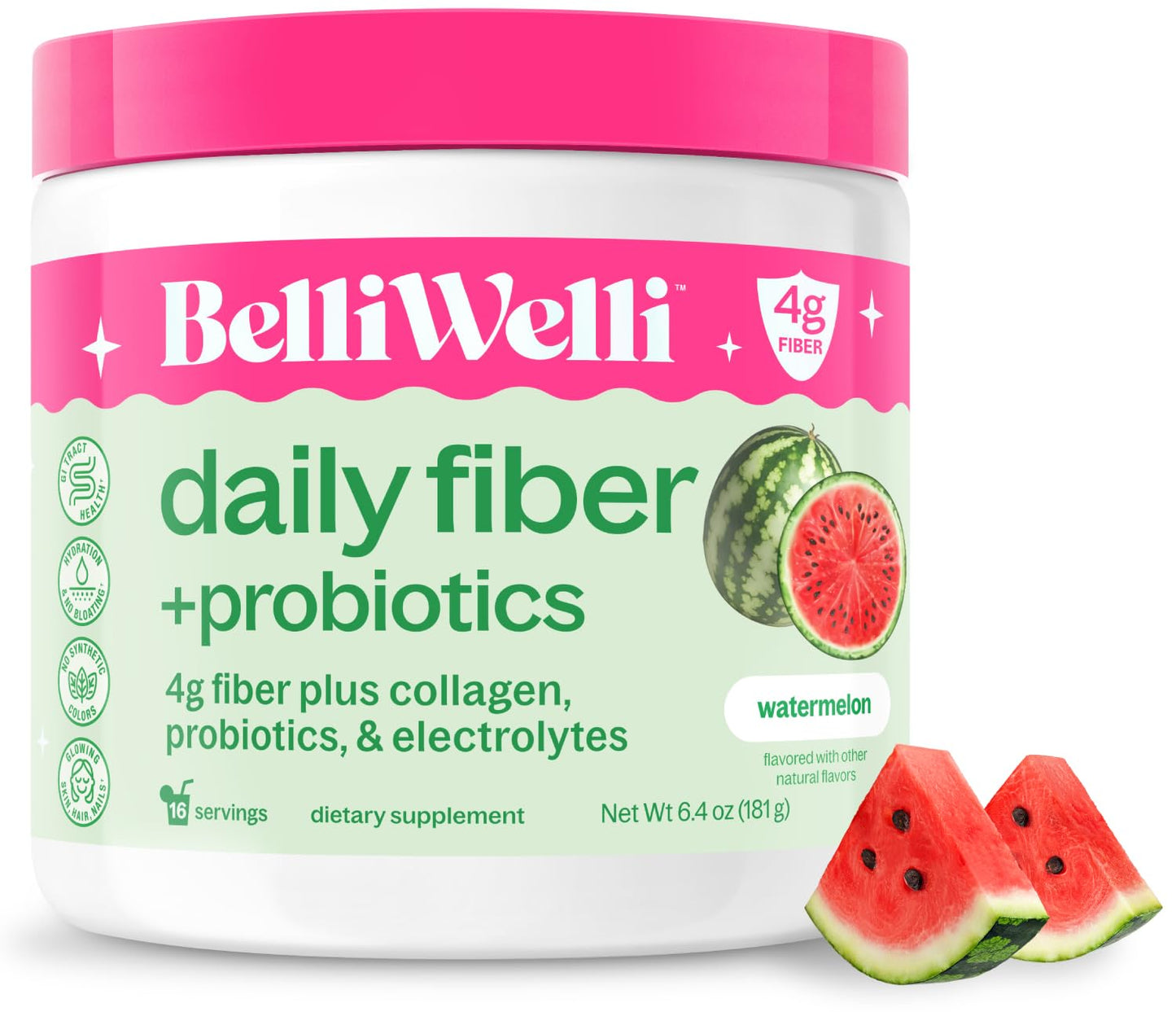Belli Welli Fiber Supplement for Women & Men – Premium Daily Fiber Powder from Organic Acacia with Added Collagen, Electrolytes & Probiotics – No Bloat, Constipation & Gut Health Support (Watermelon), 6.4 Ounces