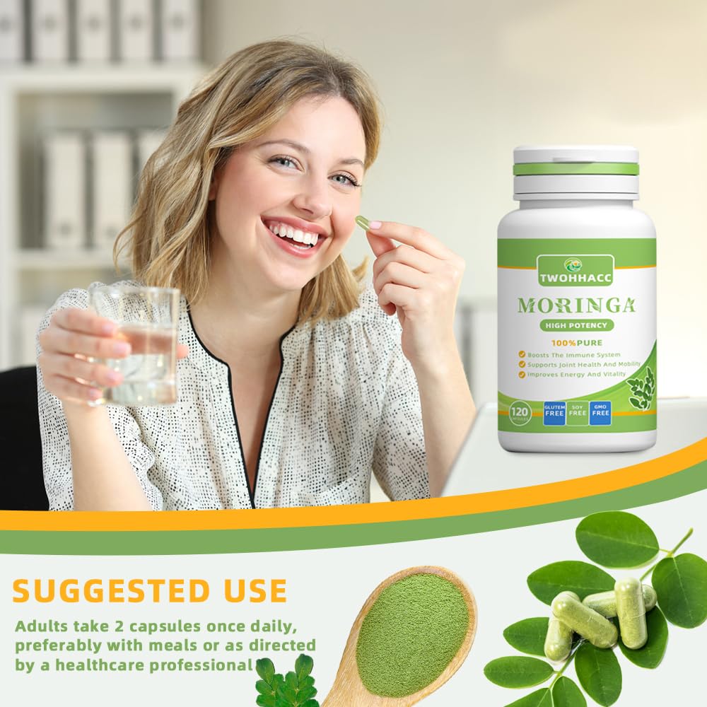 TWOHHACC Organic Moringa Powder Capsules, 120 Capsules