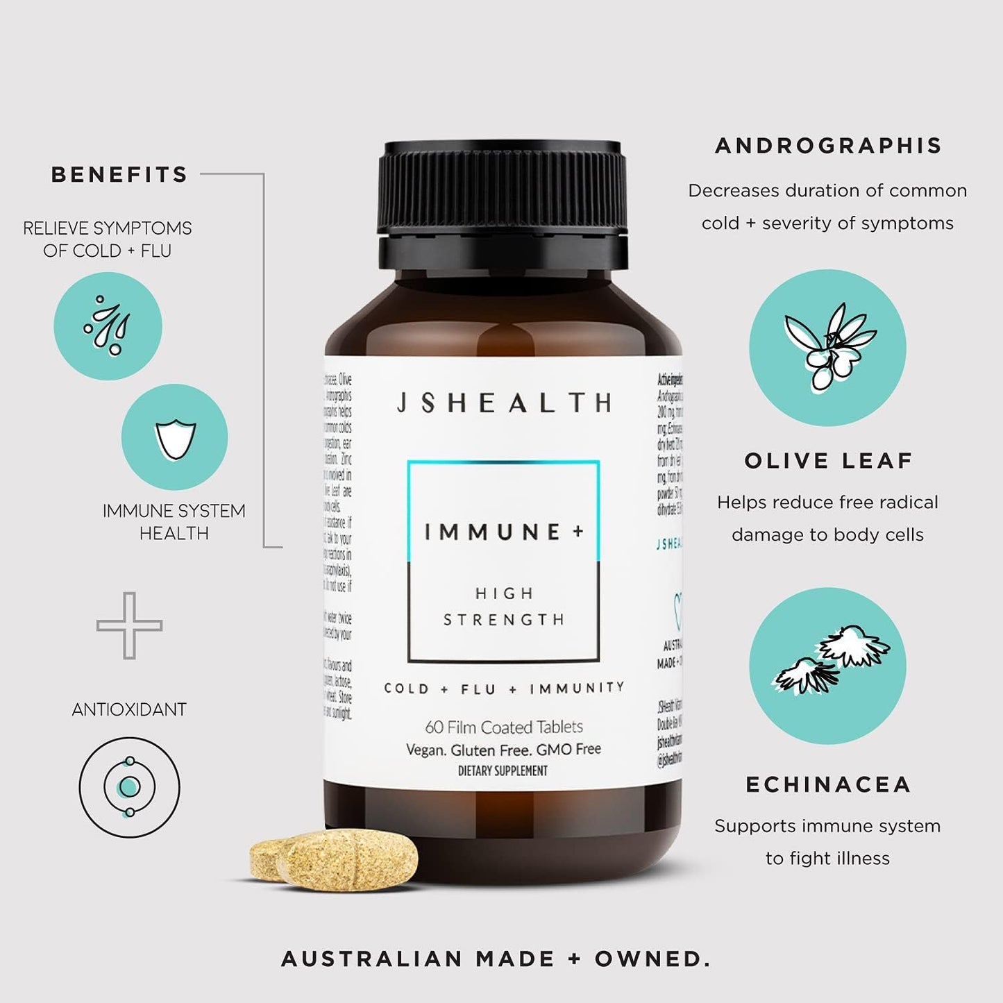 JSHealth Immune + Immunity Booster Supplement with Zinc Vitamin C Echinacea and Olive Leaf Antioxidants 60 Tablets