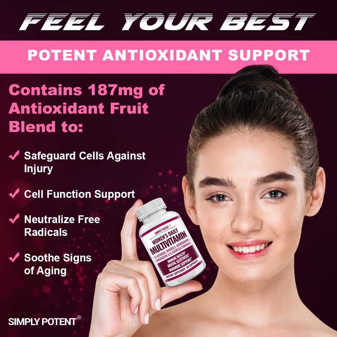 Simply Potent Women's Multivitamin - 37 Vitamins & Minerals with Biotin, Vitamins A C D E B12, Folate, Zinc, Magnesium, Calcium & Green Tea Extract, 60 Capsules