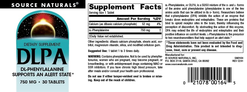 Source Naturals DLPA DL-Phenylalanine Supplement that Supports an Alert State* - 750 mg, 30 Tablets
