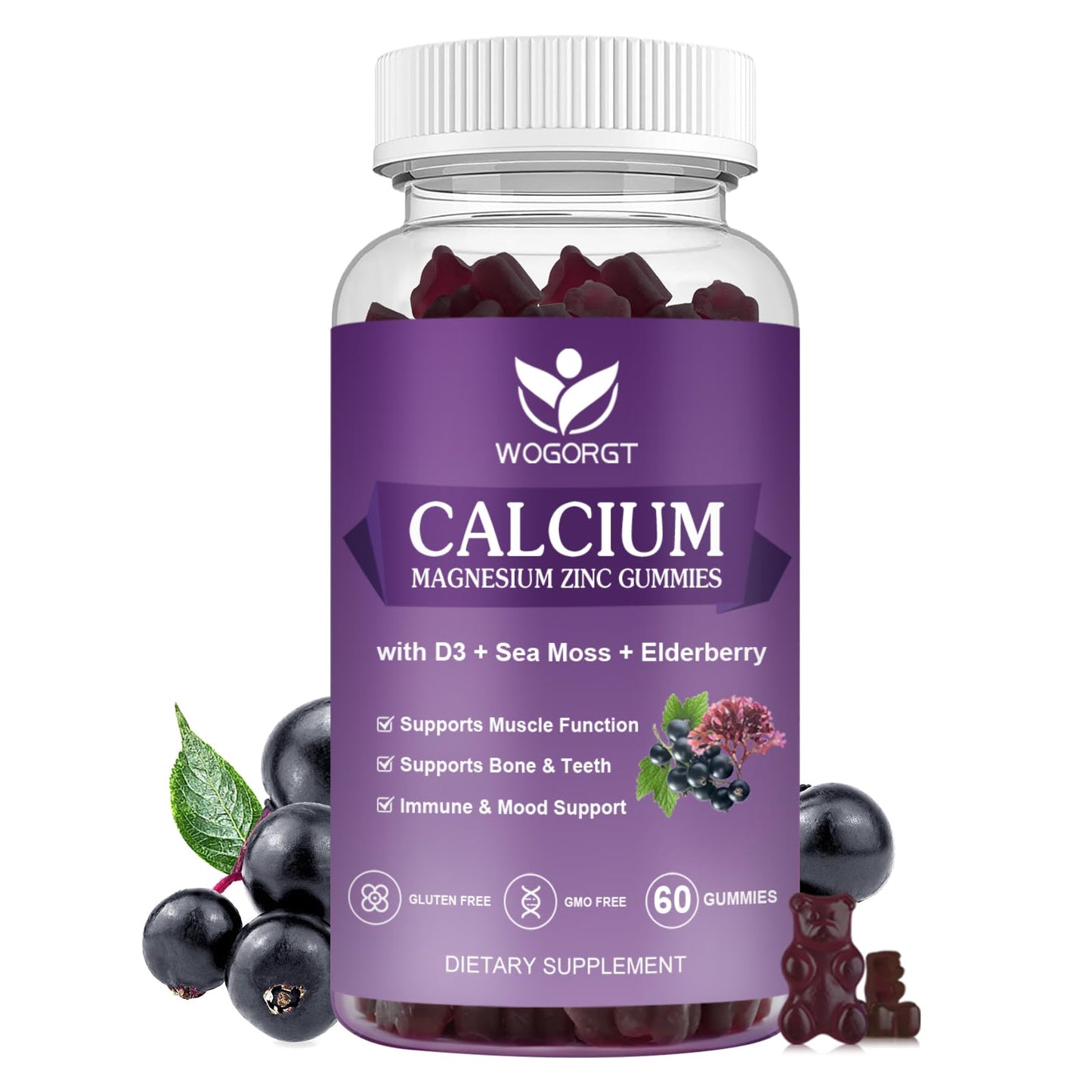 WOGORGT Calcium Magnesium Zinc Gummies with Vitamin D3 for Women & Men, 60 Gummies