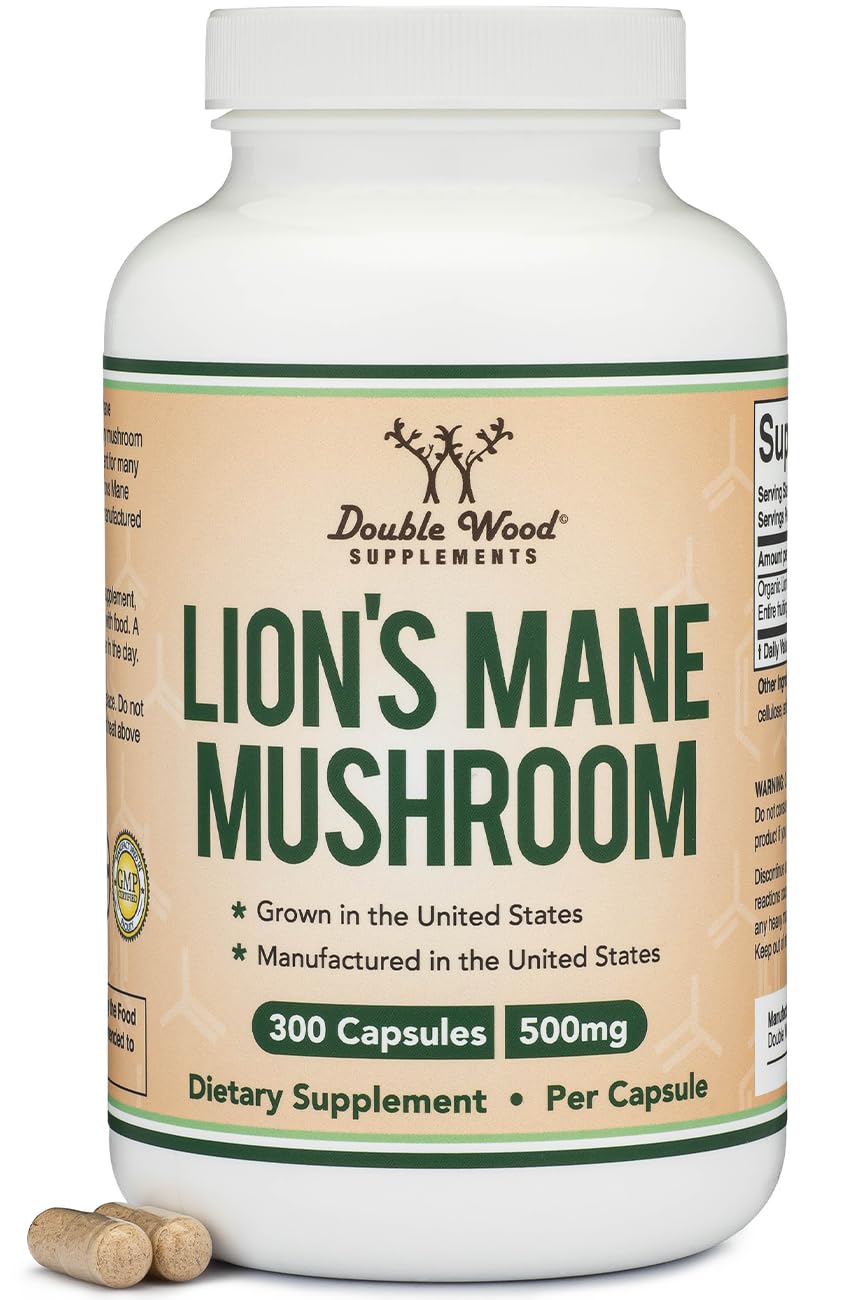 Double Wood Supplements Organic Lions Mane Mushroom Capsules, 300 Count