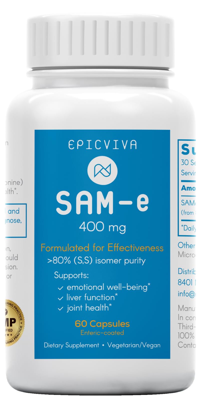 EPICVIVA SAMe 400 mg Capsule, >80% Active S,S Form, Supports Mood, Joints & Liver, 60 Count