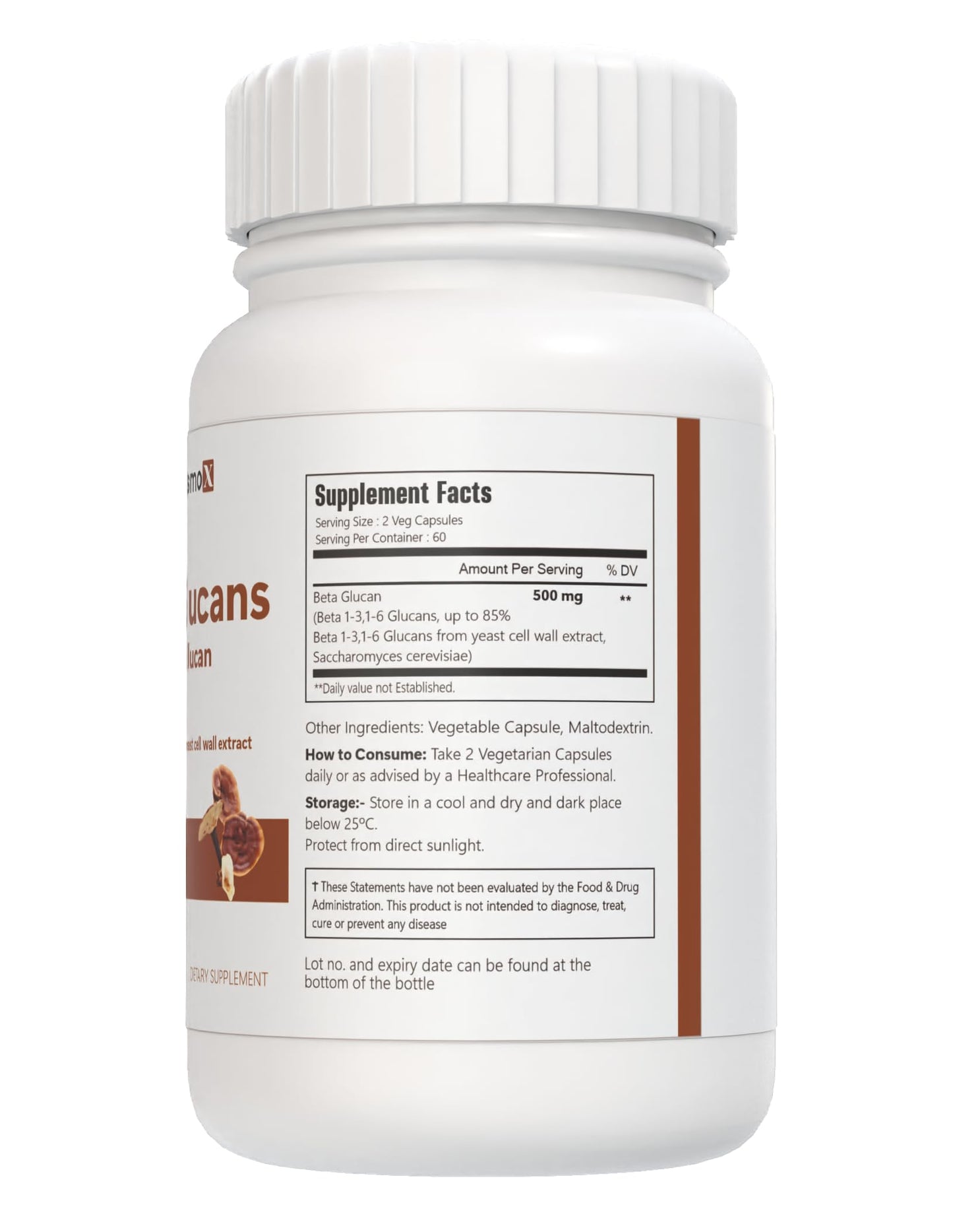 VitaCosmoX Beta Glucan Supplement 500 mg Capsule, 120 Veggie Capsules, Non-GMO, Gluten-Free