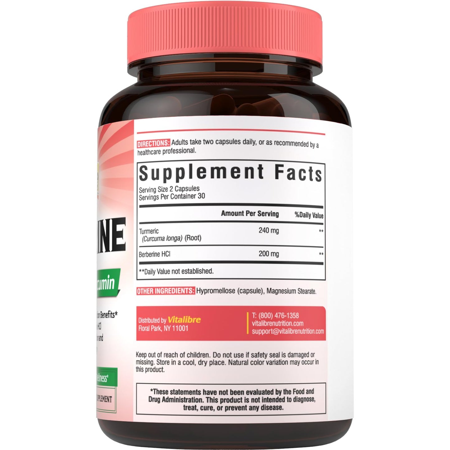 Vitalibre Berberine Supplement with Turmeric Root, 97% High Potency Berberine HCl, Capsules, 60 Count